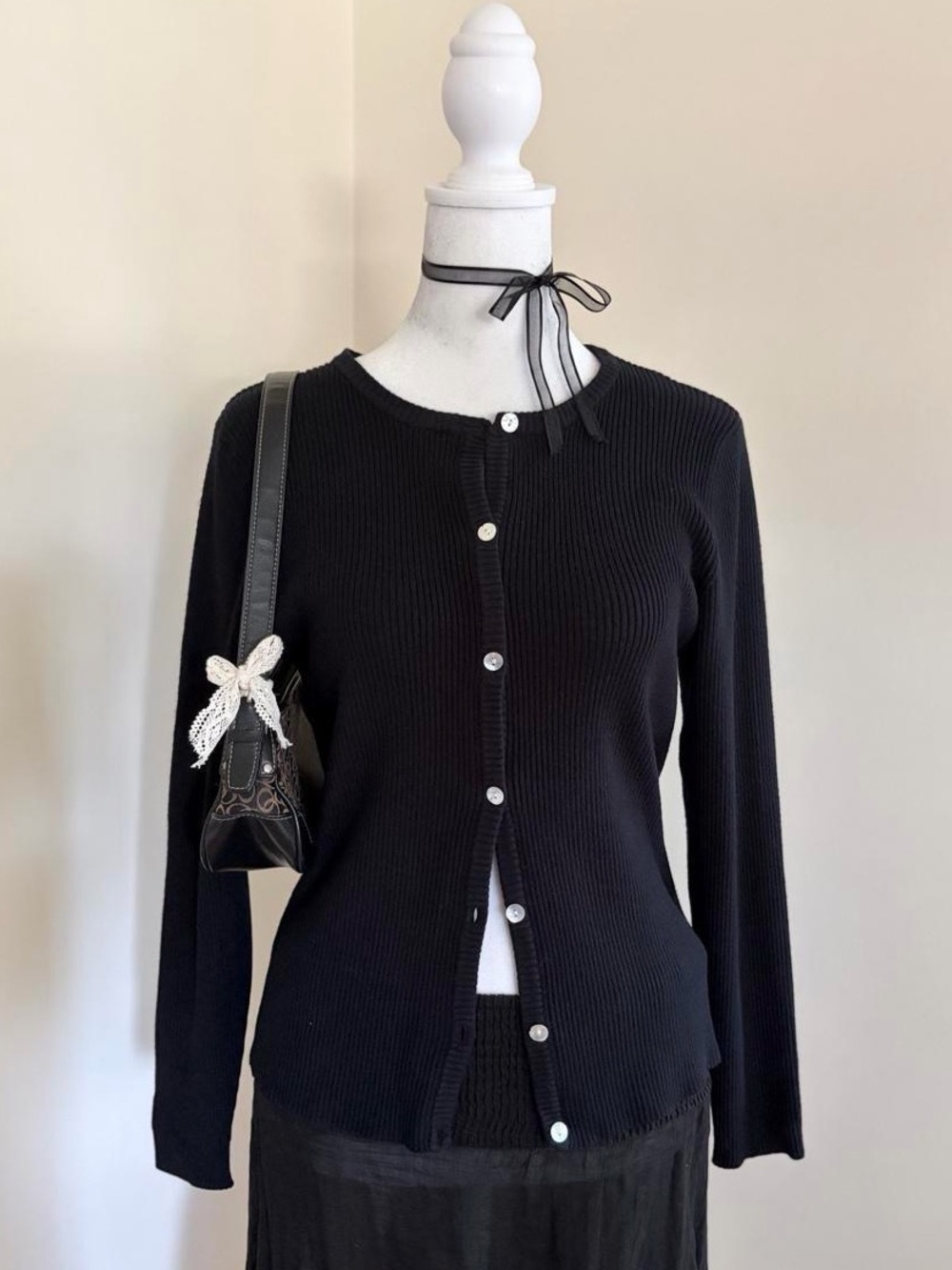 Vintage 90s Y2K silk black ribbed cardigan button fitted sweater Eddie Bauer S/M